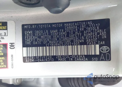 2018 Toyota Corolla Se из США, поврежденный, VIN 2T1BURHE5JC021905